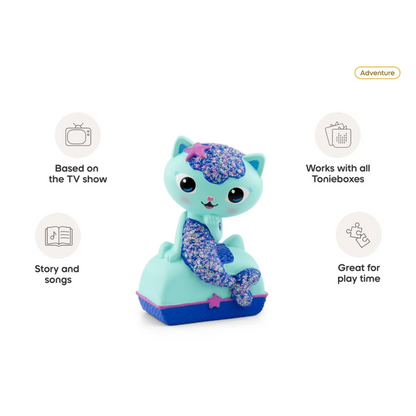Toy figure of a mermaid cat with features listed on a white background