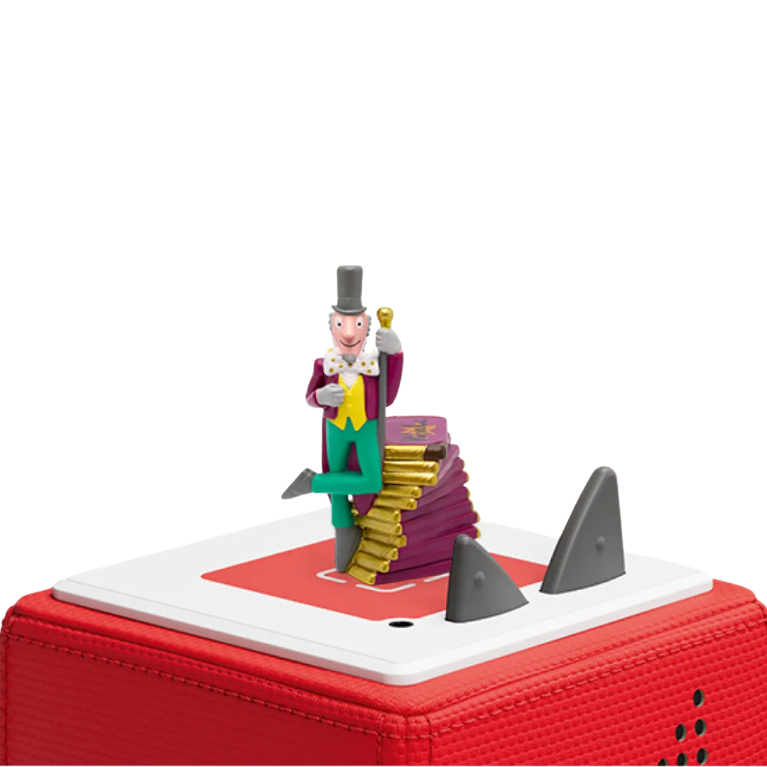 Toy figure on a red box with a white background
