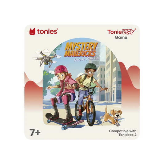 ToniePlay game packaging with two children on a city street and a dog.