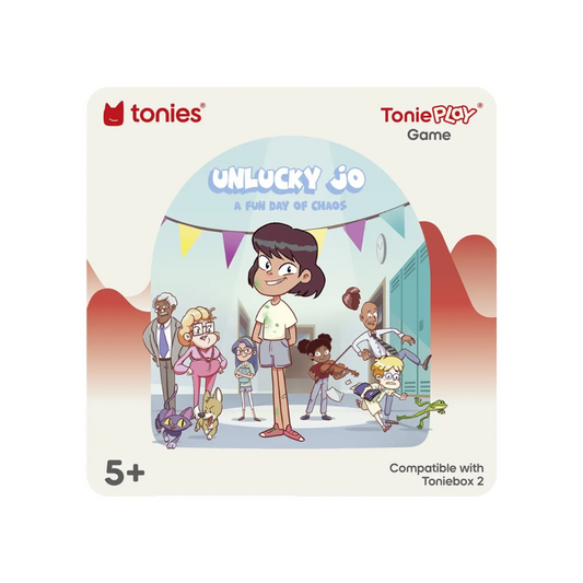 ToniePlay game packaging with cartoon characters and 'Unlucky Jo' text on a white background
