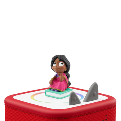 Toy figure of a girl on a red toy boat with shark figures on a white background