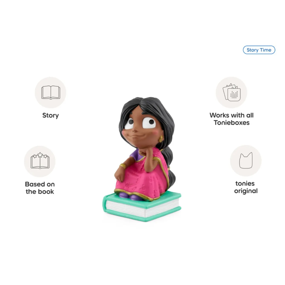 Toy figure of a girl with a book, featuring icons and text about Tonieboxes and stories.