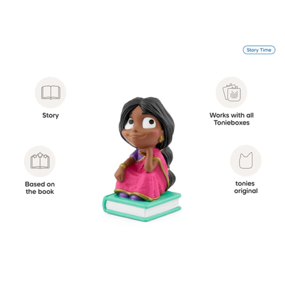 Toy figure of a girl with a book, featuring icons and text about Tonieboxes and stories.