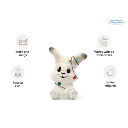 White rabbit-shaped toy with festive lights on a white background, featuring icons and text about Tonie products.