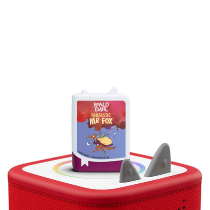 Book titled 'Fantastic Mr Fox' by Roald Dahl on a red stand with shark fins.