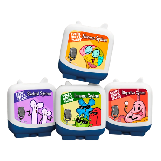 Four colorful containers with cartoon illustrations and text on a white background
