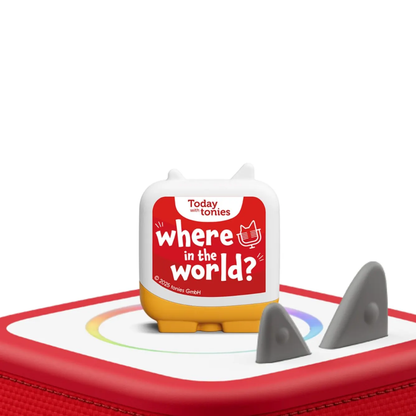Toy with a red base and white container labeled 'Today with tonies where in the world?' on a white background