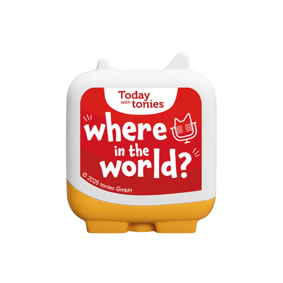 Toy container with 'Today with Tonies Where in the World?' text on a white background