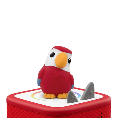 Red toy parrot on a red base with a white background