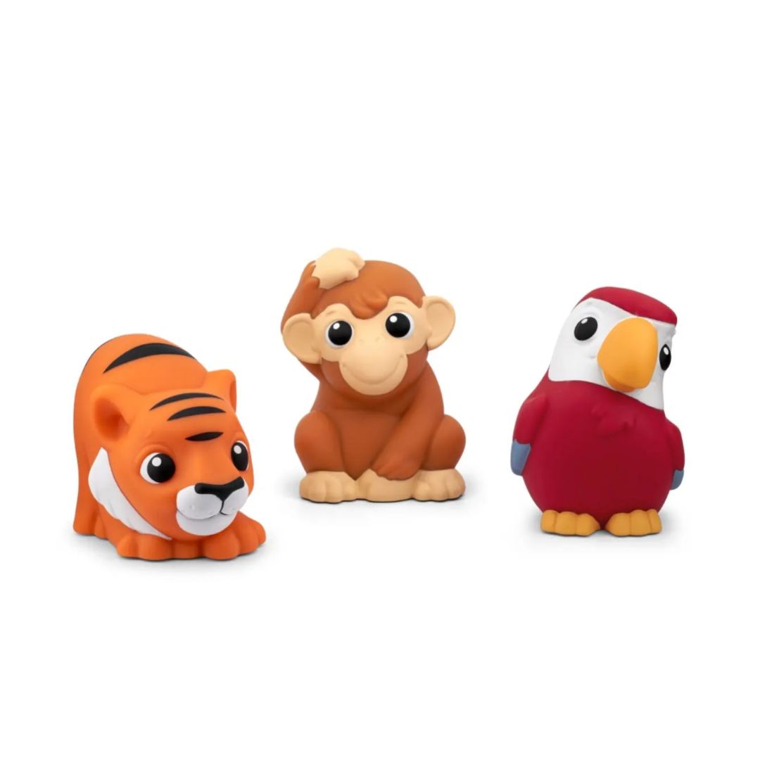 Three colorful animal figurines on a white background