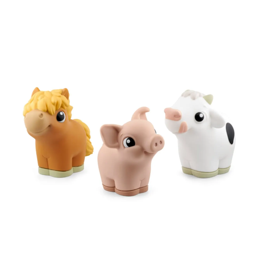 Three small animal figurines on a white background