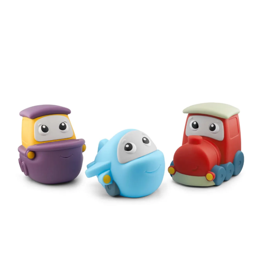 Three colorful toy characters on a white background