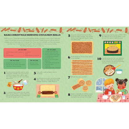 Step-by-step recipe illustration for Christmas morning cinnamon rolls on a green background