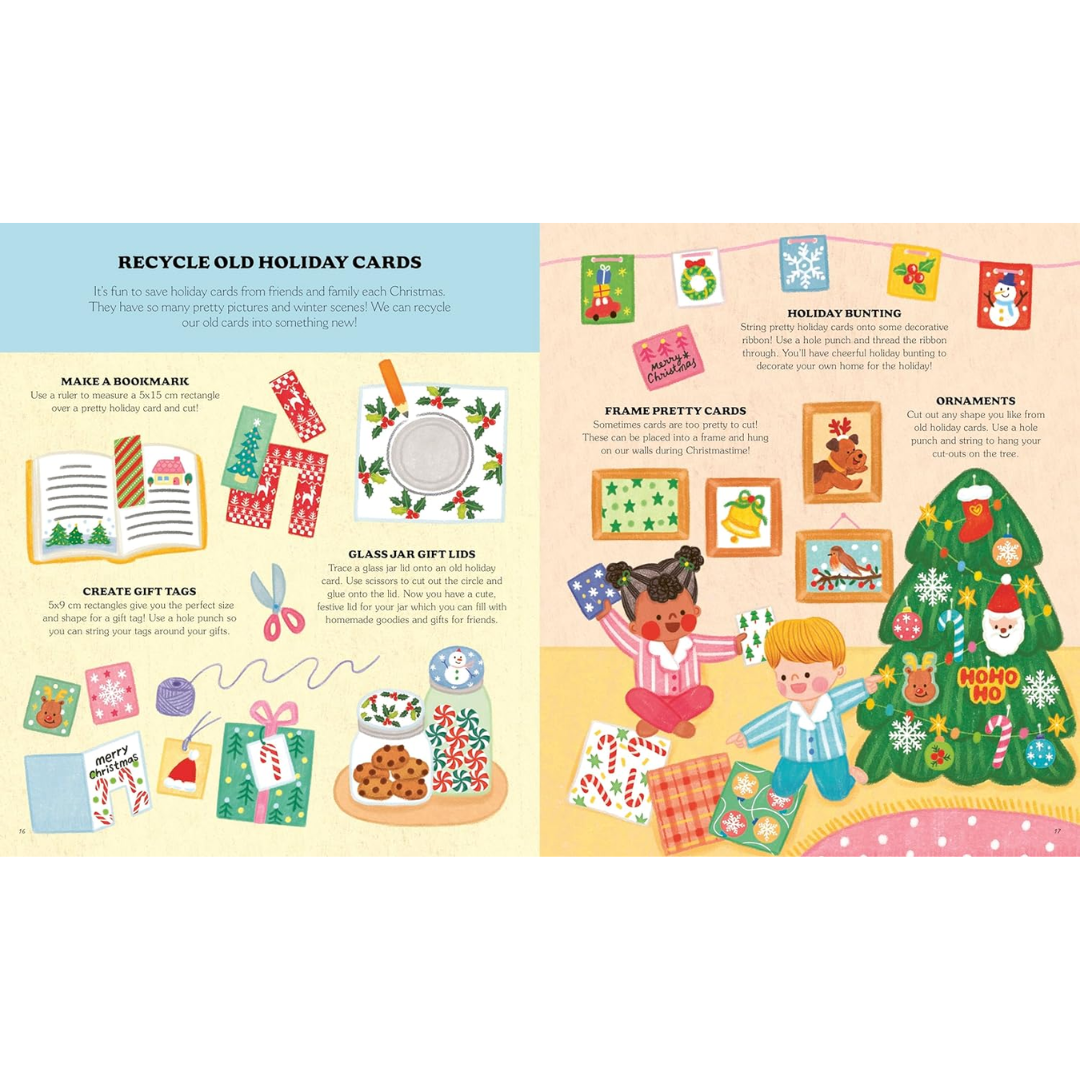 Illustrated page with Christmas-themed activities and crafts for recycling old holiday cards.