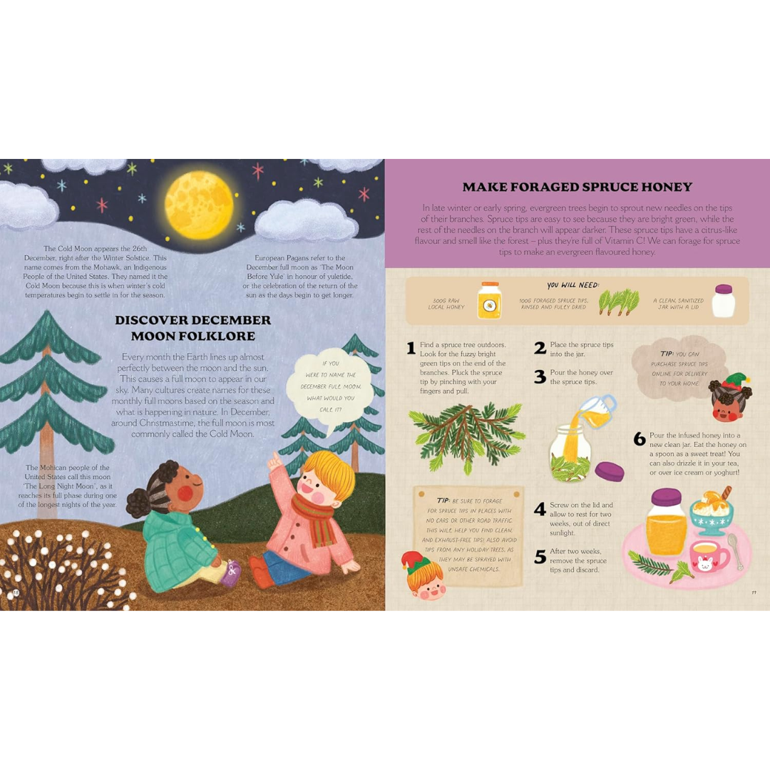 Illustrated book page with children in a snowy landscape and instructions for making foraged spruce honey.