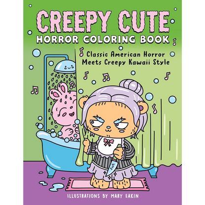 Book cover of 'Creepy Cute Horror Coloring Book' with a character in a bathroom.