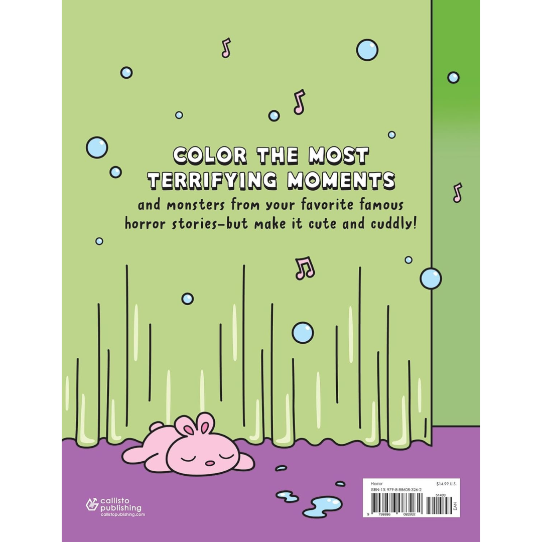Book cover with a green background and a pink creature, featuring text about coloring terrifying moments.