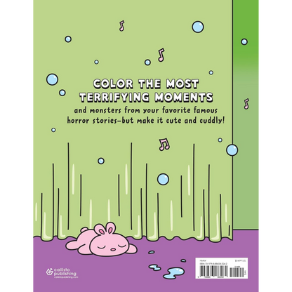 Book cover with a green background and a pink creature, featuring text about coloring terrifying moments.