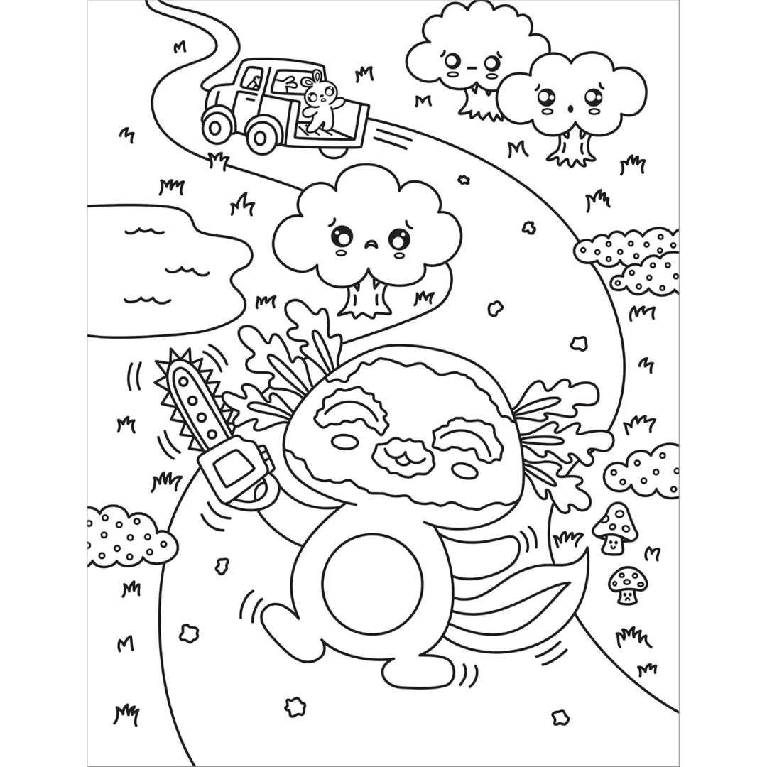 Coloring page with a cartoon dinosaur, car, and clouds.