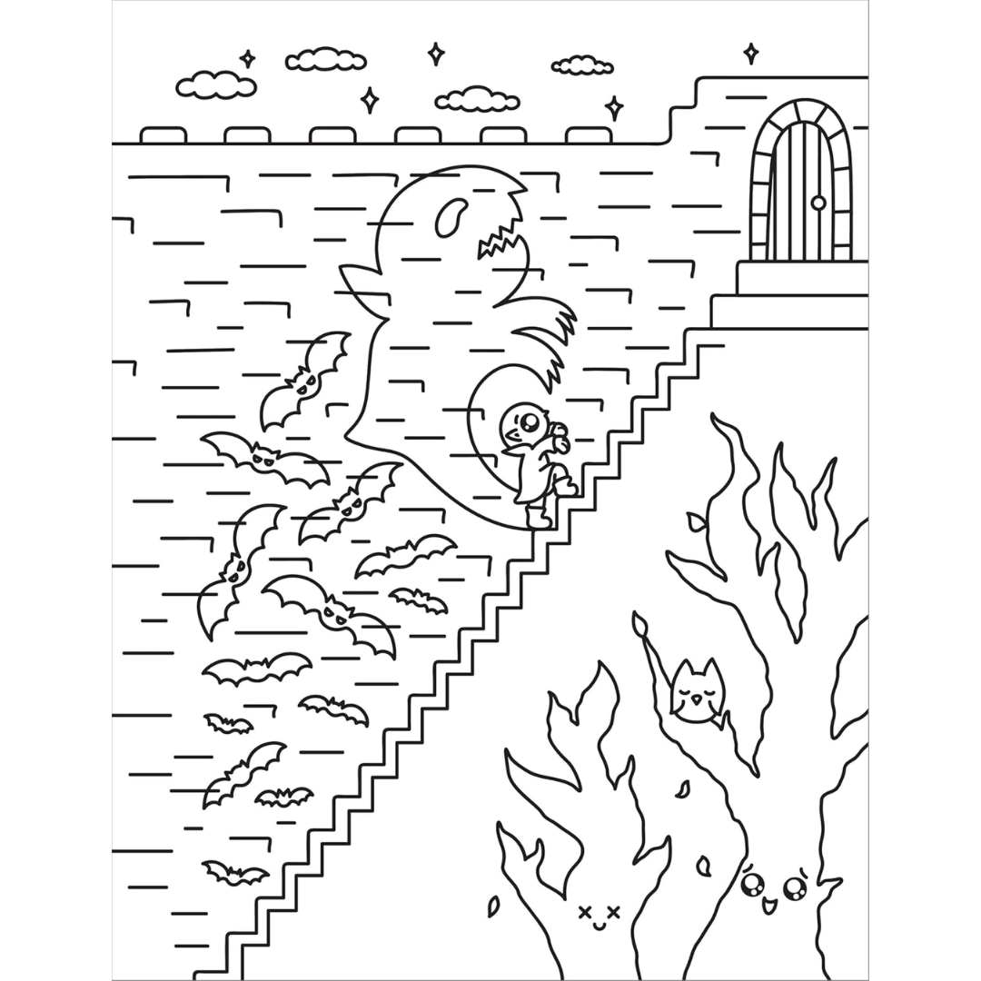 Black and white illustration of a haunted house with bats and a ghost.