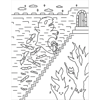 Black and white illustration of a haunted house with bats and a ghost.