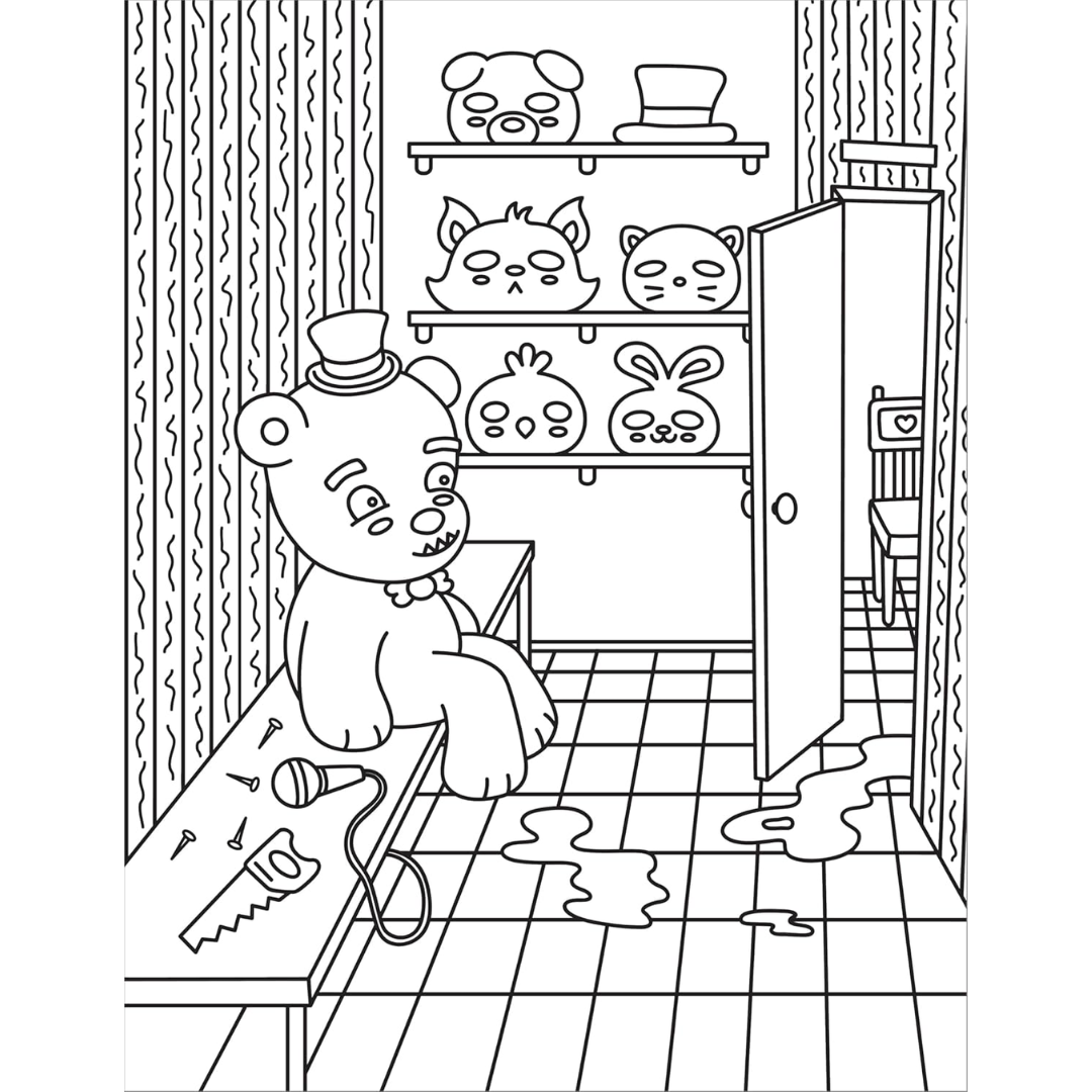 Cartoon bear in a room with shelves and a door open, black and white line art.