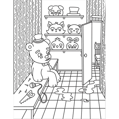 Cartoon bear in a room with shelves and a door open, black and white line art.