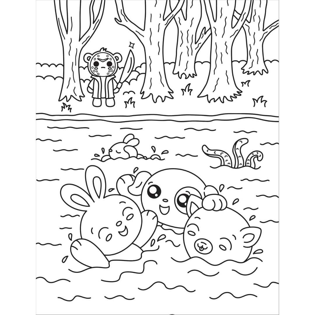 Coloring page with animals in a forest setting