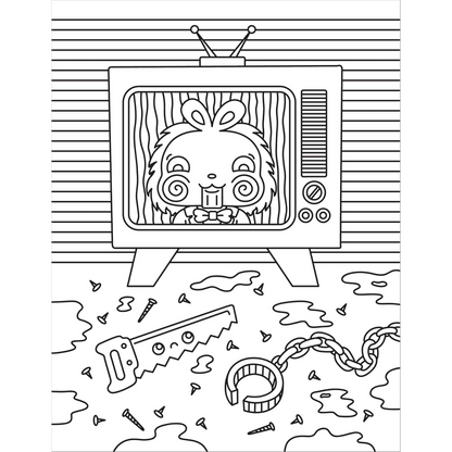 Cartoon character on an old-fashioned TV with a chaotic scene below