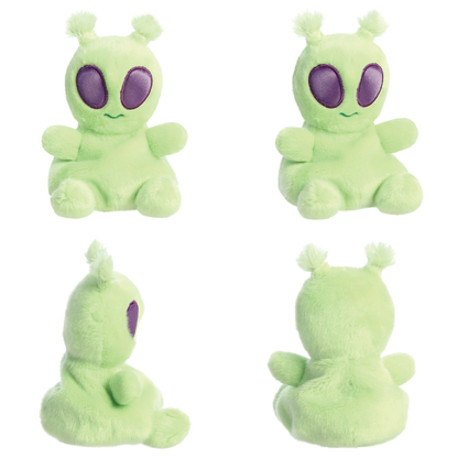 Four green alien plush toys with purple eyes on a white background