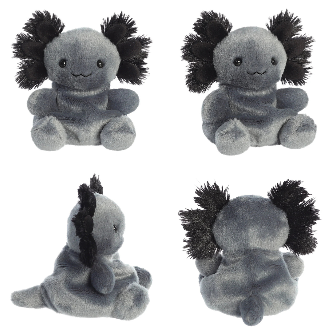 Four views of a plush toy with black hair on a white background