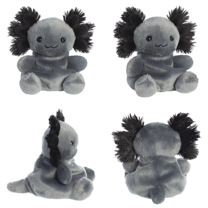 Four views of a plush toy with black hair on a white background