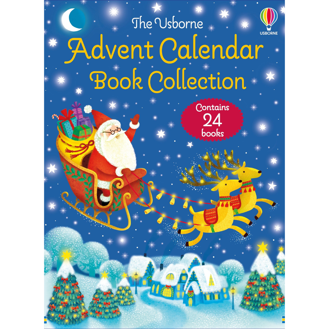 Advent calendar book collection with Santa and reindeer on a blue background