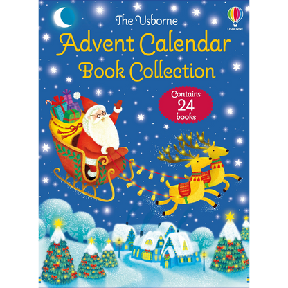 Advent calendar book collection with Santa and reindeer on a blue background