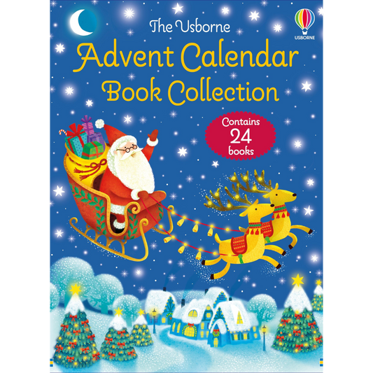 Advent calendar book collection with Santa and reindeer on a blue background
