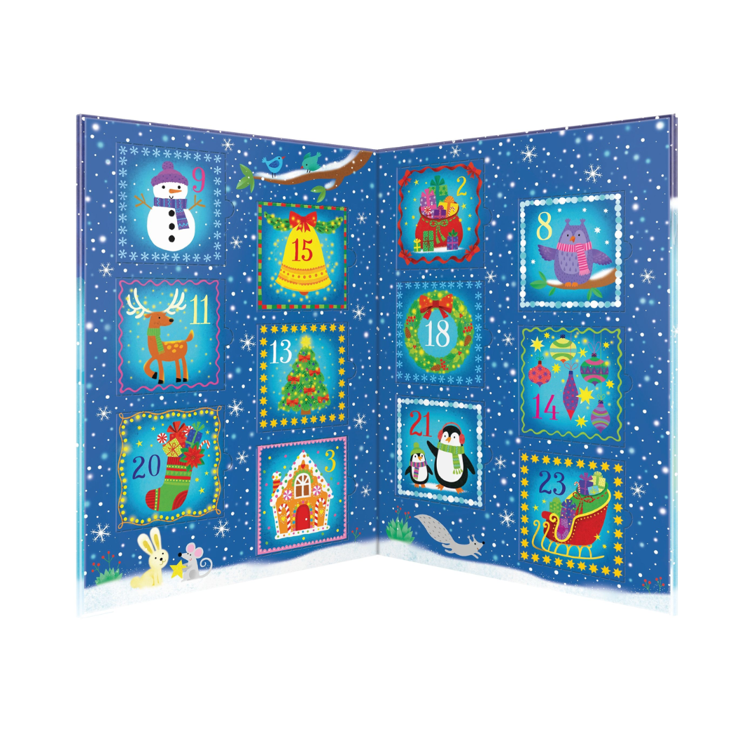 Advent calendar with colorful Christmas-themed illustrations on a blue background