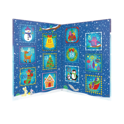 Advent calendar with colorful Christmas-themed illustrations on a blue background