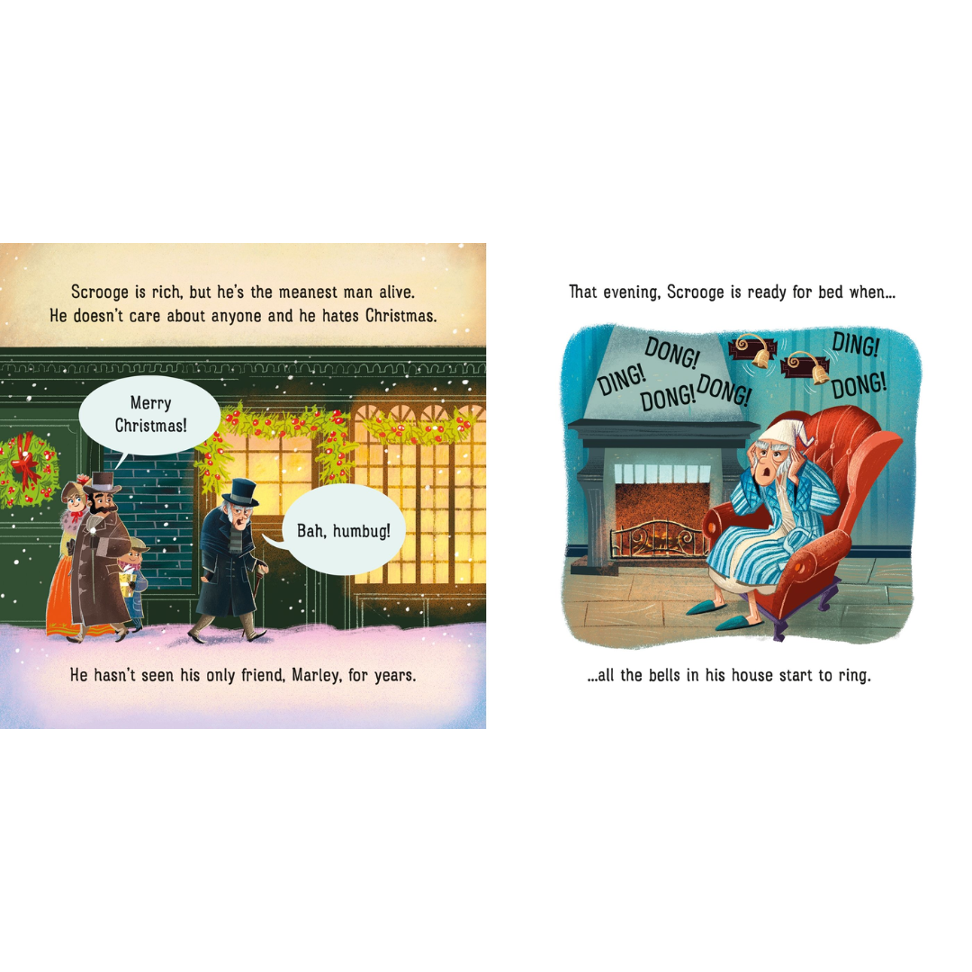 Illustrated book pages from a Christmas-themed story with characters and dialogue.