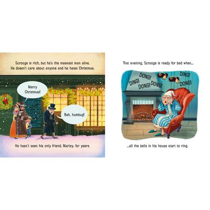 Illustrated book pages from a Christmas-themed story with characters and dialogue.