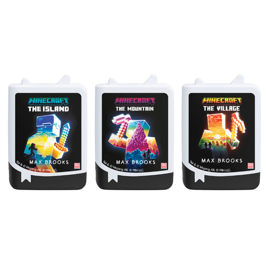 Three Minecraft-themed book covers with colorful graphics on a white background
