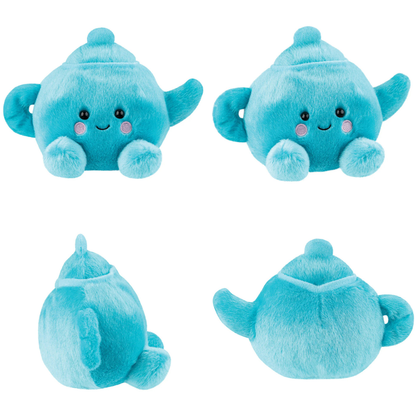 Set of four blue plush toys with a smiling face on a white background