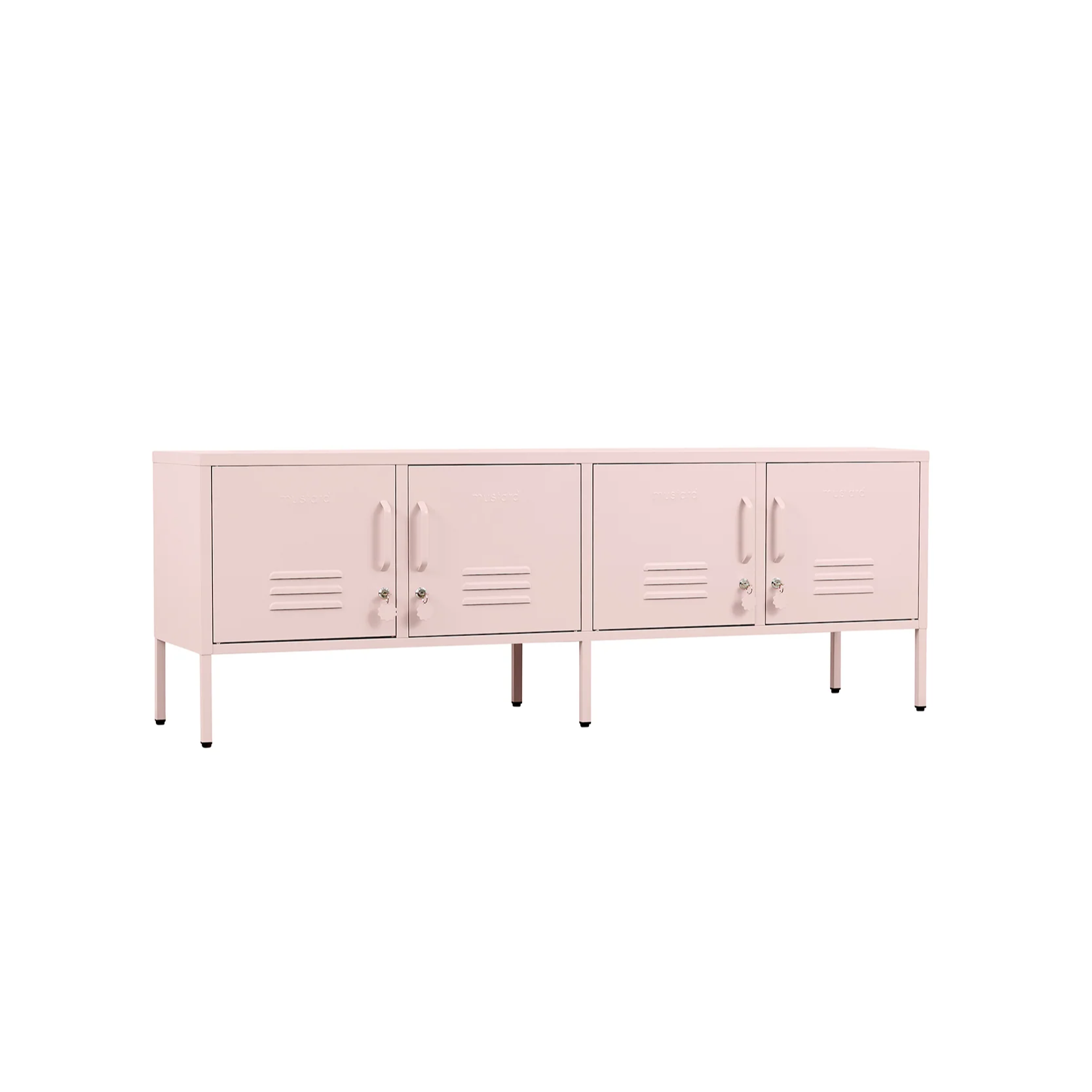 Pink metal locker-style cabinet on a white background