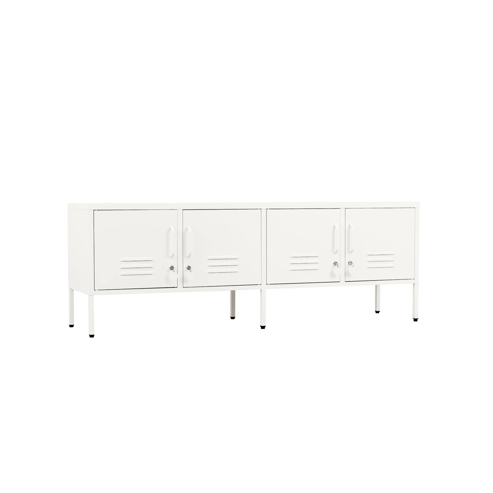 White storage unit with multiple doors on a white background