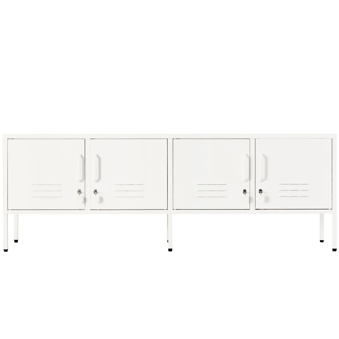 White metal storage unit with multiple doors on a white background