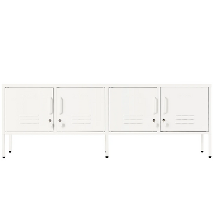 White metal storage unit with multiple doors on a white background
