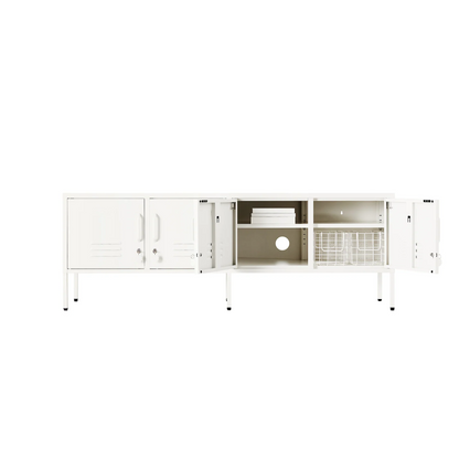 White storage unit with shelves on a white background