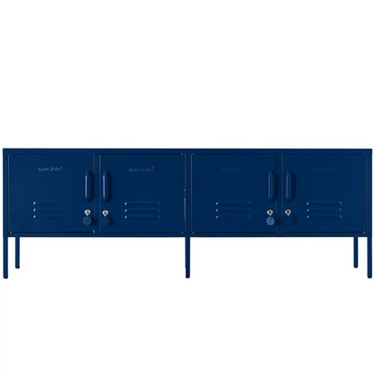 Blue locker-style cabinet on a white background