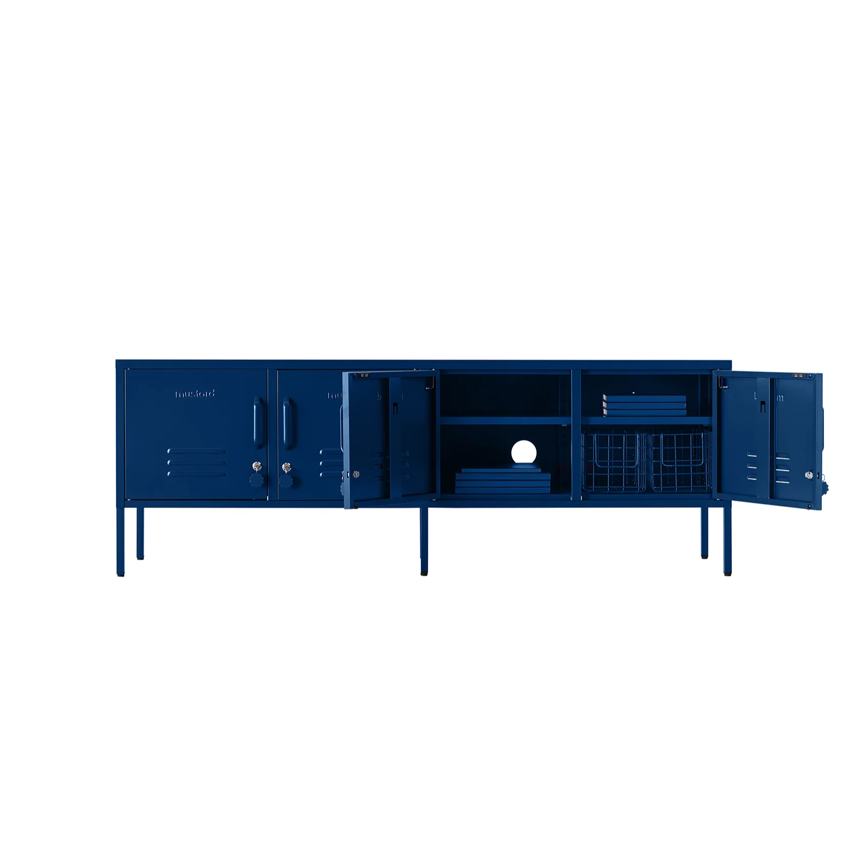 Blue storage unit with multiple compartments on a white background