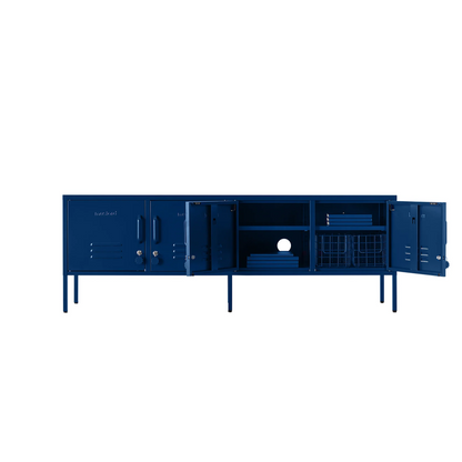 Blue storage unit with multiple compartments on a white background