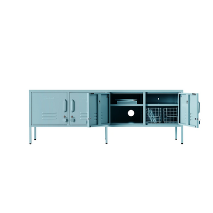 Light blue cabinet locker with open doors